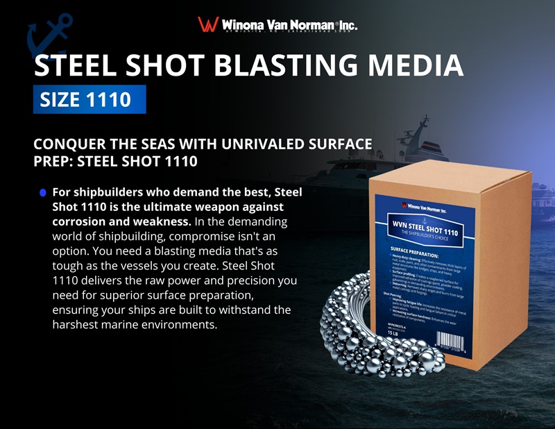 Steel Shot Blasting Media - 1110, box and label ad, small file, Winona Van Norman