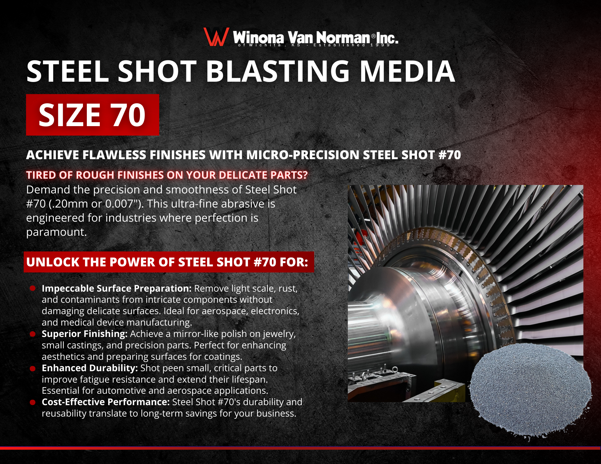 Steel Shot Blasting Media, 70 grit, Fine Finish Shot Peening, Die Casting Cleaning & Surface Prep, Winona Van Norman