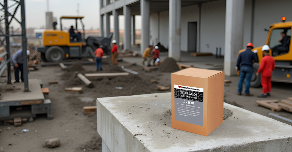 Steel Shot S-930, box on construction site, Winona Van Norman